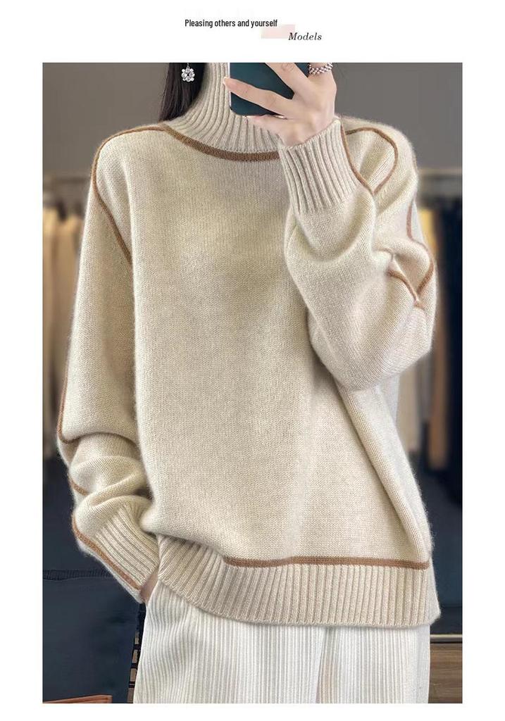 Women's Color Block High Neck Wool Sweater - Thickened Loose Knit Pullover for Autumn & Winter.
