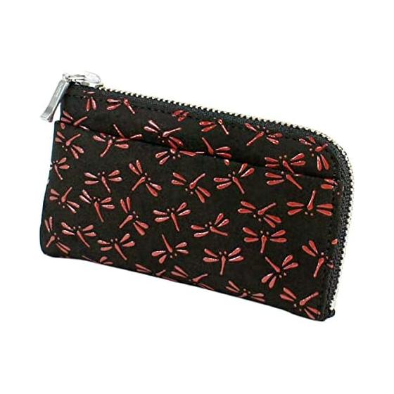 Inden-ya Inden Coin Case F-Coin Case 05, Deer Skin, Black Base x Red Lacquer, Dragonfly Pattern, 1005-21-008, Natural Deer Skin with Lacquer Pattern,