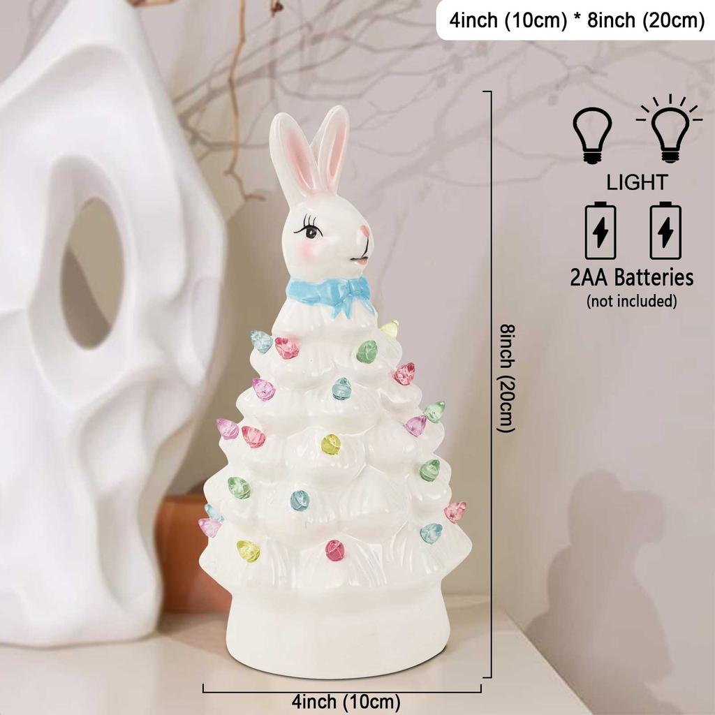 Ceramic Easter Bunny Tree Decoration with LED Lights Holiday Collectible Figurines Fireplace Table Farmhouse Spring Home Decor