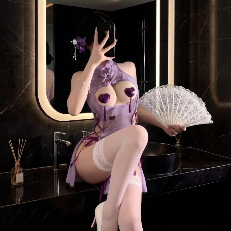 New sexy temptation cheongsam sexy underwear purple leaking chest combat robe abstinence slit straps edible no uniform