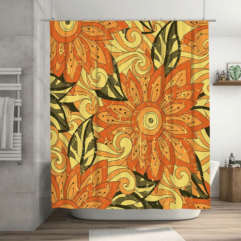 Decorative Shower Curtain Floral Sunflower Pattern With Black Splashes For Bathroom Decor In Orange Gold Size72X84Inches (183X21