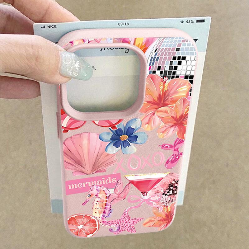 For iPhone 17 Pro Max Case Luxury Pink Cartoon Floral Pattern Leather Texture Silicone Cover For iPhone 16 Pro Max 15 14 13 12 11 16E Air