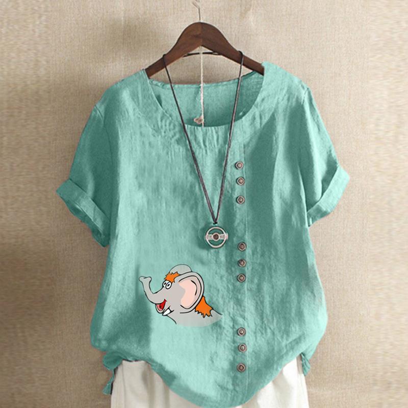 Women's Fashion Elephant Prined Round Neck Short Sleeve T-shirt Casual Cotton Linen Graphic Shirt Leisure Loose Summer Blouse Tops