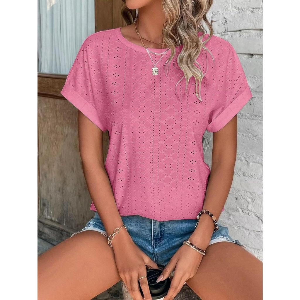 Top Eyelets Summer Spring Curved Hem, Casual Women's Short Sleeved Fashionable T-shirt Beach Vacation Short Style