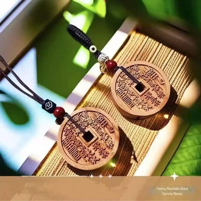 Peach Wood Ghost Coin Pendant Necklace & Keychain for Men and Women