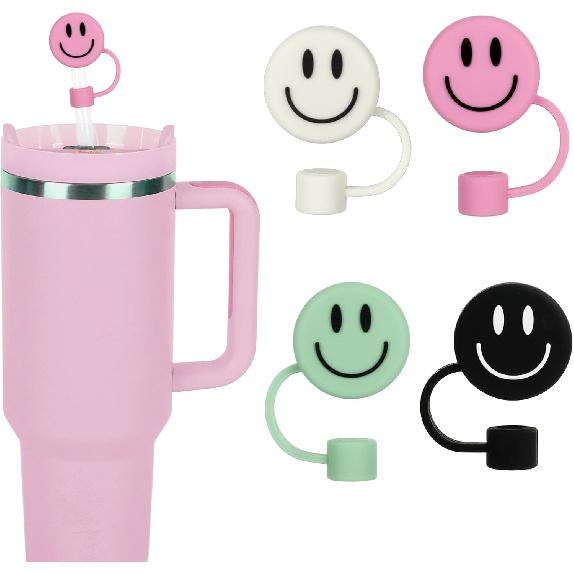 Whaline 4Pcs Smile Face Straw Cover Cap Pink Purple Mint Green Silicone Drinking Straw Topper 10mm 30&40 Oz Reble Straws Covers Double Sided Tumbler