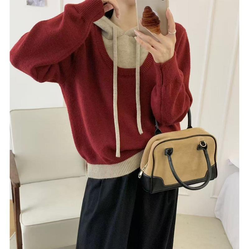 

Fake two-piece color matching hooded sweater women s autumn and winter new loose and simple casual style pullover knitted sweater One size бордовый