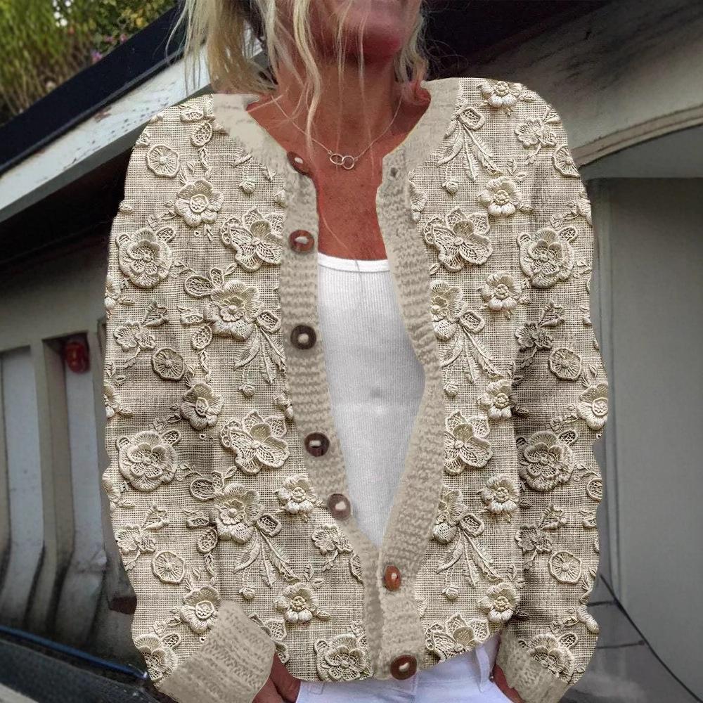 European Style 3 D Print Cardigan Knitted Jacket Spring and Fall Women 7 Sweater
