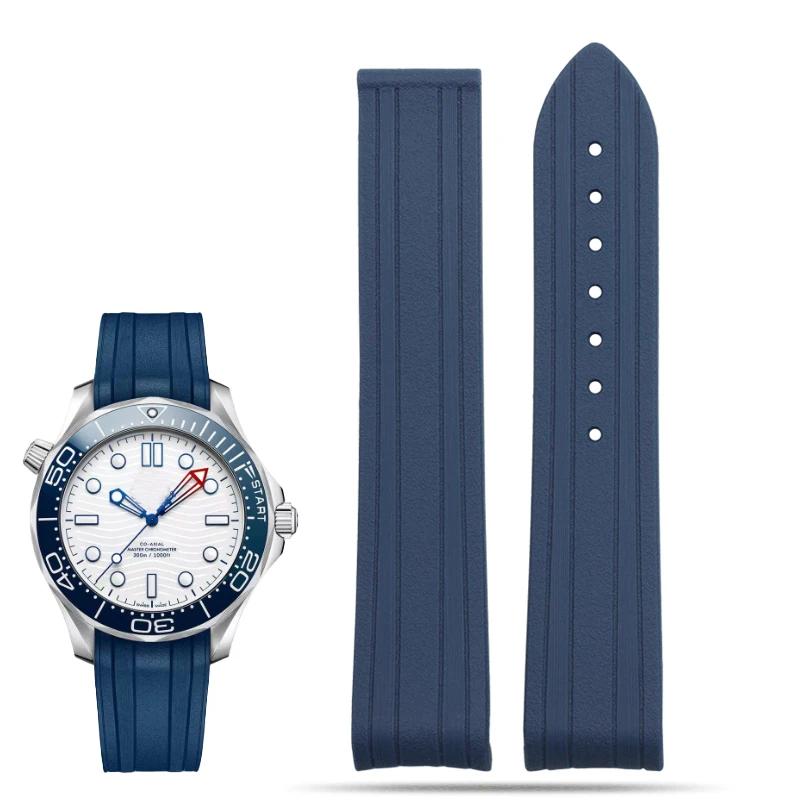 

Для Omega Seamaster 300 силиконовый каучуковый ремешок для часов с изогнутым концом, дайверский браслет 20 мм, черный синий со складной застежкой 20x18mm