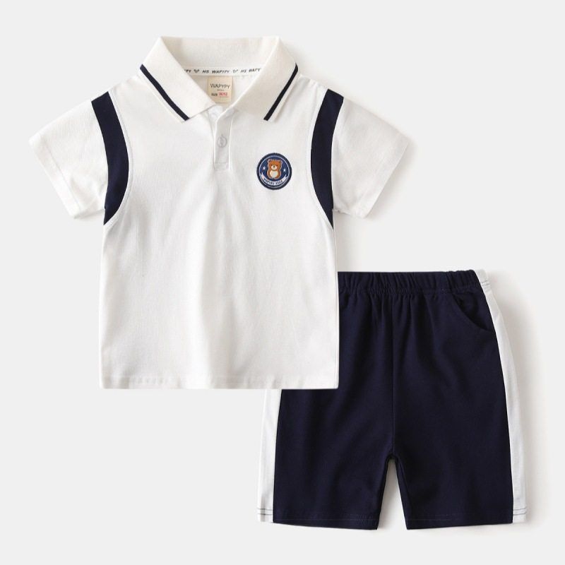 Children's Summer Clothing Boys' Short-Sleeved Suit Baby Lapel Polo Shirt Shorts Two-piece Set Children's Embroidery Bear Clothes