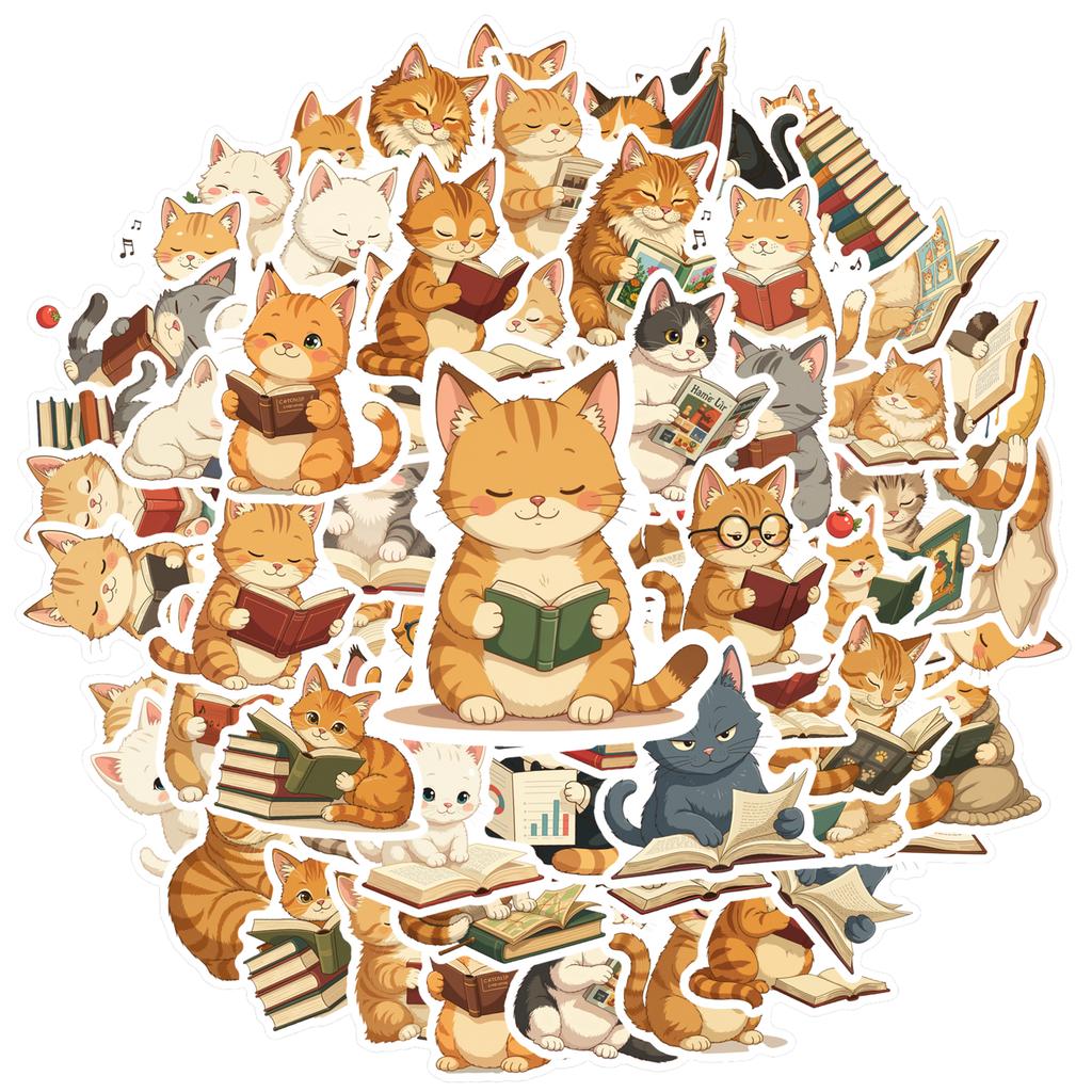 35-100pcs Cat Reading Stickers Funny Meme Stickers Pack Animal Cartoon Decals Cute Sealing Labels Reward Stickers Gift