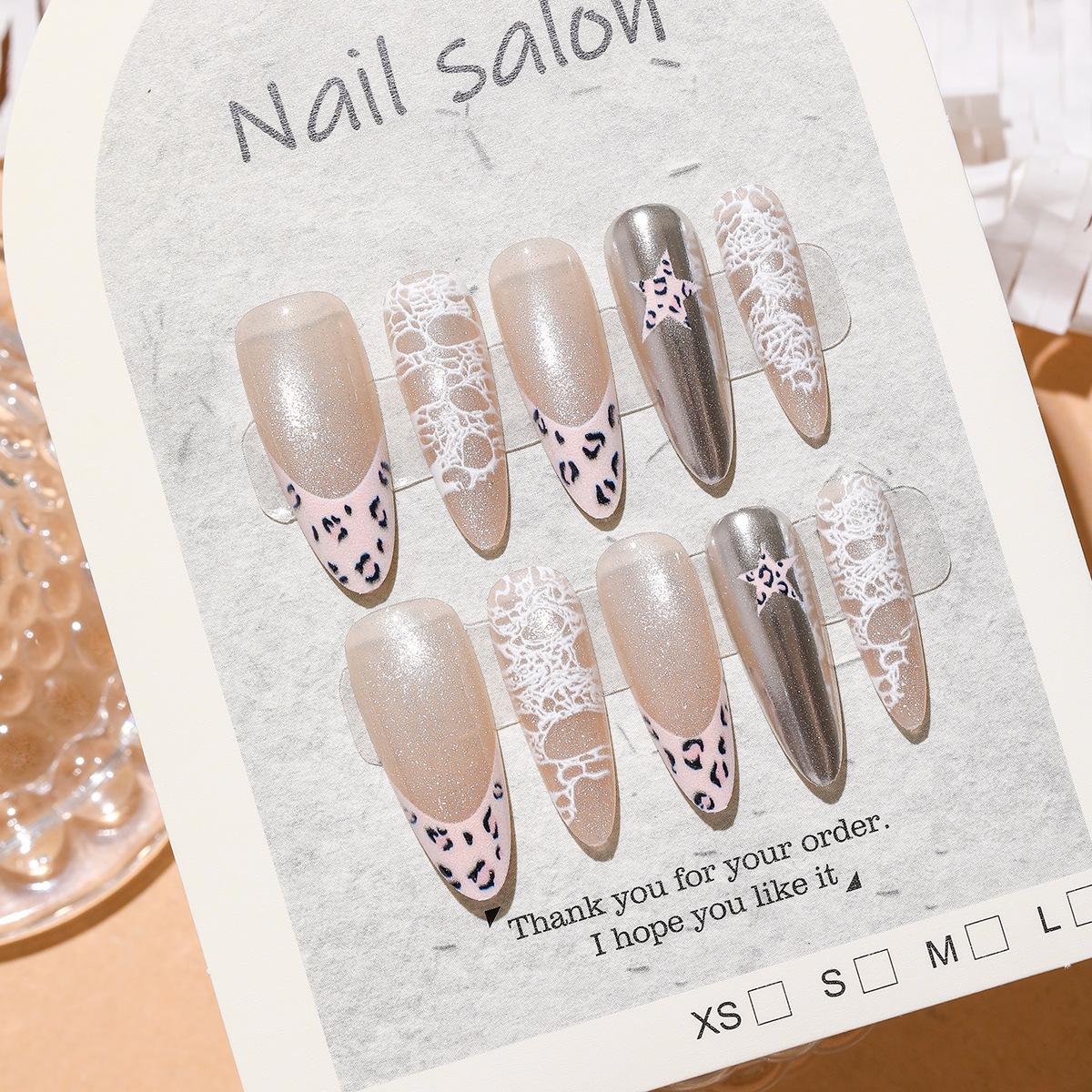 Sweetheart Leopard Print 3D French Nude Cat Eye Long Almond Press-On Nails