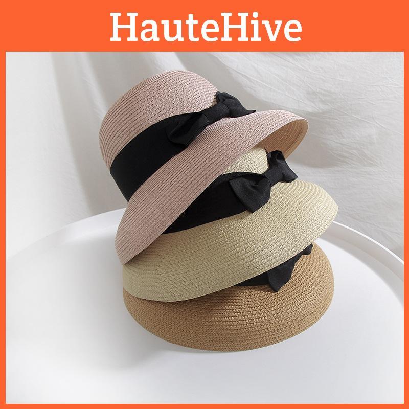 Women's Beach Vacation Straw Hat With Hepburn Big Bow Wide-brimmed Fisherman Bucket Hat For Spring Summer Travel Sunshade