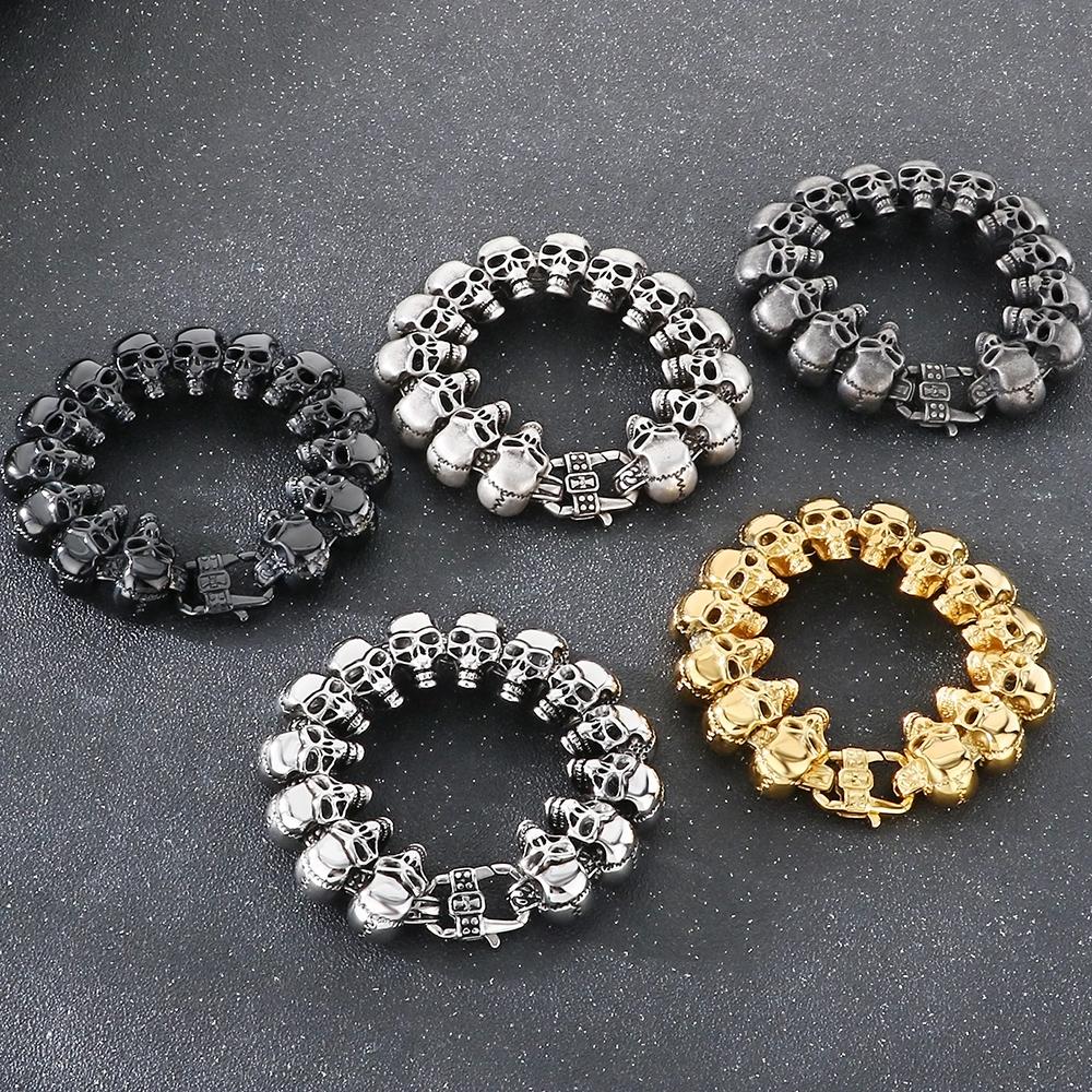 Herren Gothic Totenkopf Armband Vintage Hip Hop Edelstahl Gliederkette Armband für Männer Vakuumbeschichteter Punk Rock Schmuck