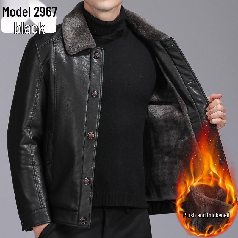 Men's Winter Sheepskin Leather Jacket with Fleece Lining - Thick, Warm Outerwear for Middle-aged and Elderly