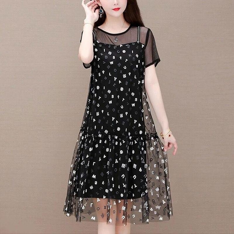 Women's Gauze Spliced Midi Dress Female Casual Round Short Sleeve Printed A-Line Summer New Fashion Fake Two Pieces