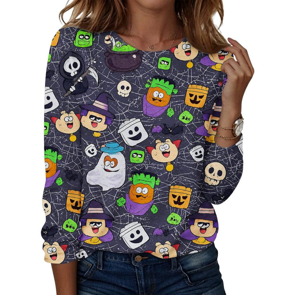 Women's Casual Long Sleeve Round Neck Top with Halloween Print for Party
