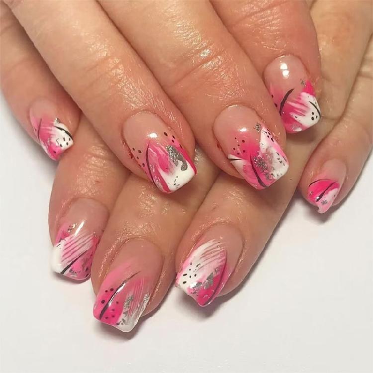 

Medium Acrylic Press On Nail Pink Flower Designs Stick on Nail Glossy Square False Nail Full Cover Artificial Nail Kit 1