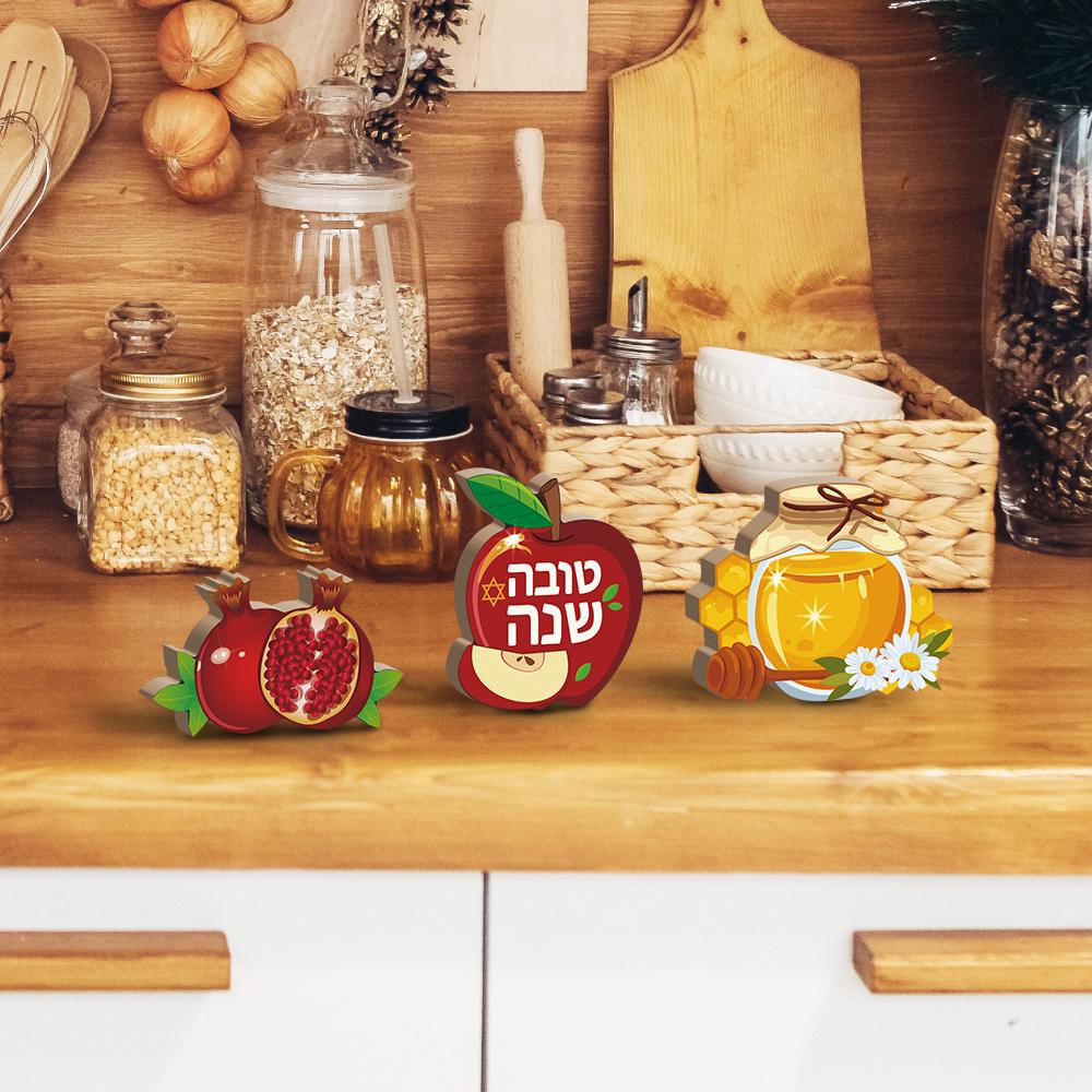 Putuo Decor-Wood Hanging Plaque, Wall Decoration, Farmhouse, Living Room, Shop, Rosh Hashanah,Pomegranate, Apple Honey, 3 Pcs