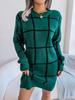 Winter Casual Color Checkered Long Sleeved Base Woolen Dress For Women