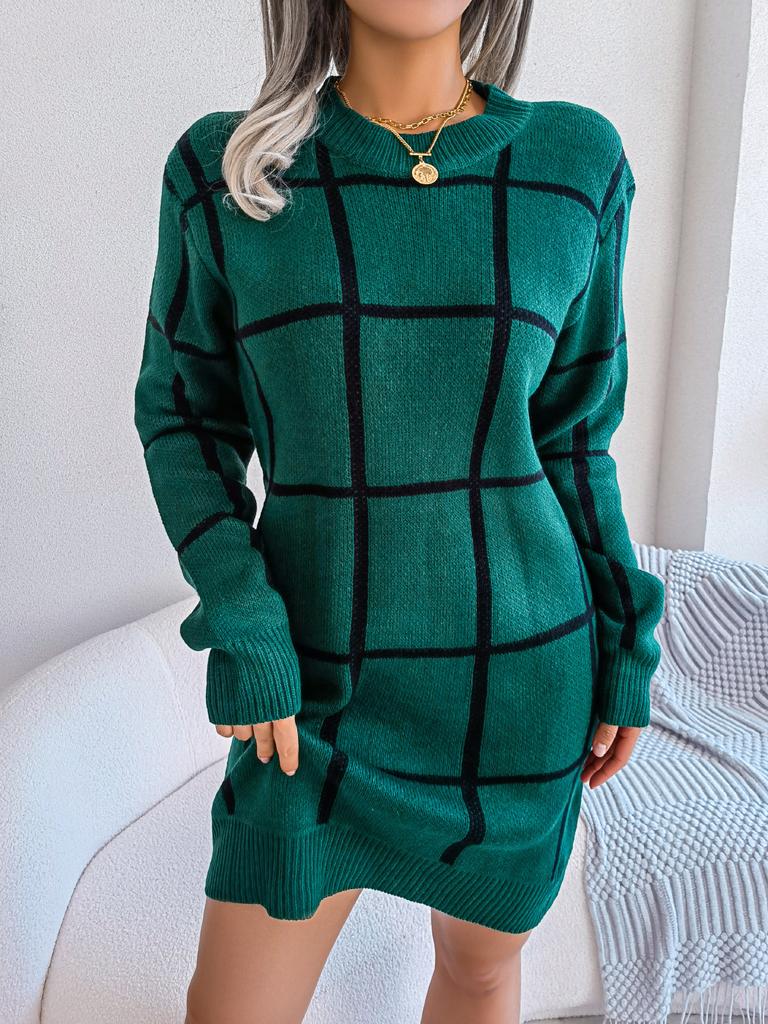 Winter Casual Color Checkered Long Sleeved Base Woolen Dress For Women