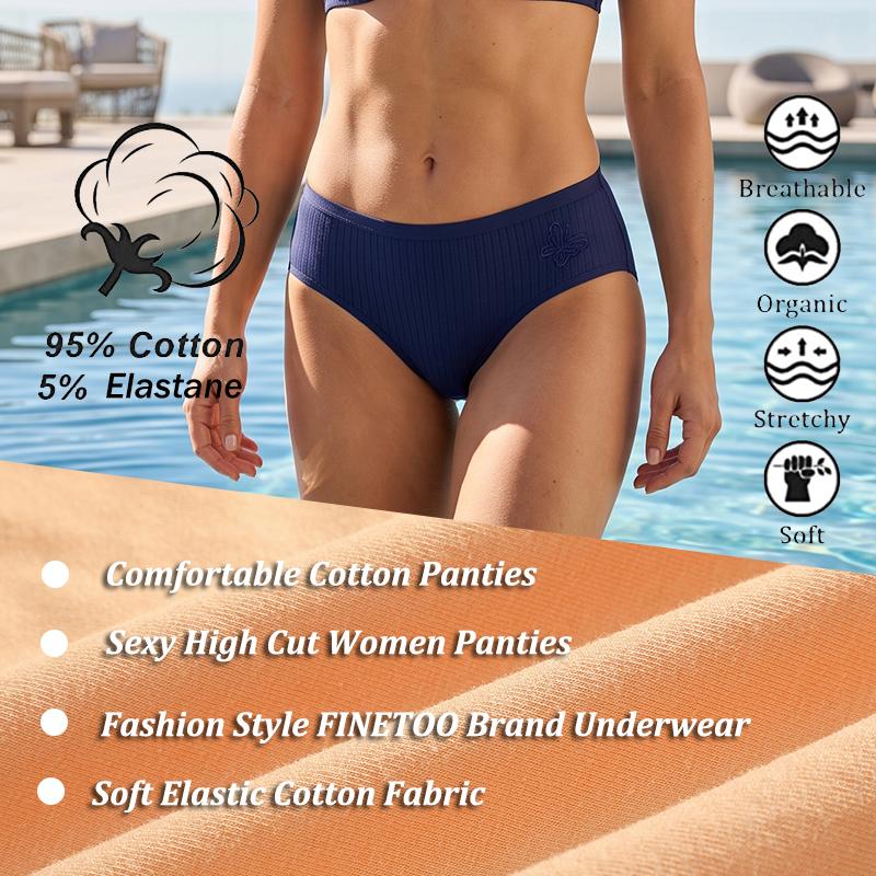 FIENTOO 5Pcs Women Ribbed Cotton Underwear 95% Cotton Soft Butterfly Embroidery Mid Rise Panties Breathable Daily Briefs Comfort