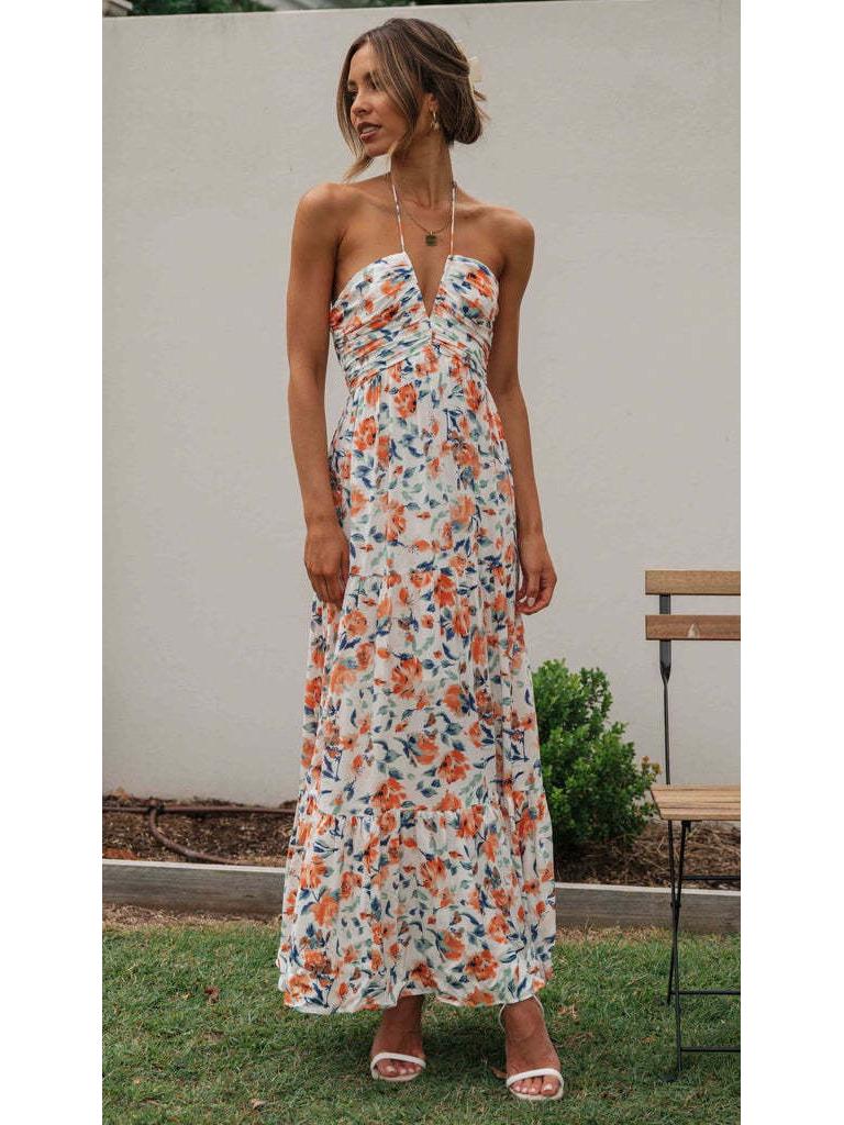 

Элегантное длинное платье с открытыми плечами, V-образным вырезом и бретелями-спагетти для женщин Extra Large цветочный/красный