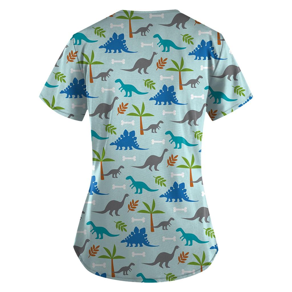 Women's Cute Animals Printed Short Sleeve V-neck Tops Working Pocket Blouse