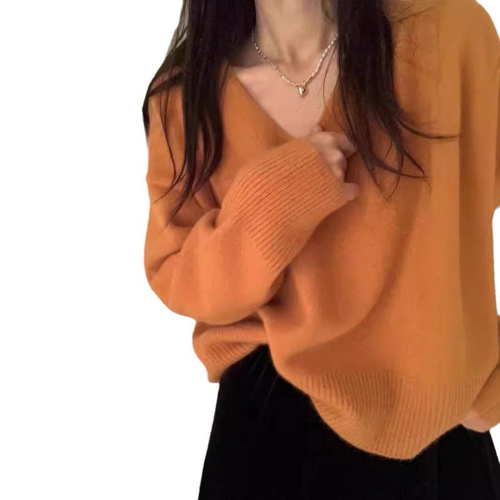 Women's V-neck Knitted Sweater Thick Autumn and Winter Loose Lazy Sweater Pullover Sweater