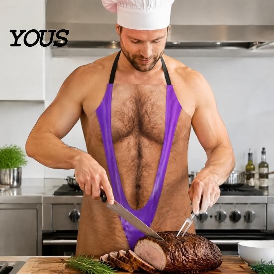 Practical Prank Gifts for Dad Funny 3D Hairy Men's Body Apron, Novelty Muscle Print BBQ Personalized Cooking Gear Bib, Adjustable Polyester