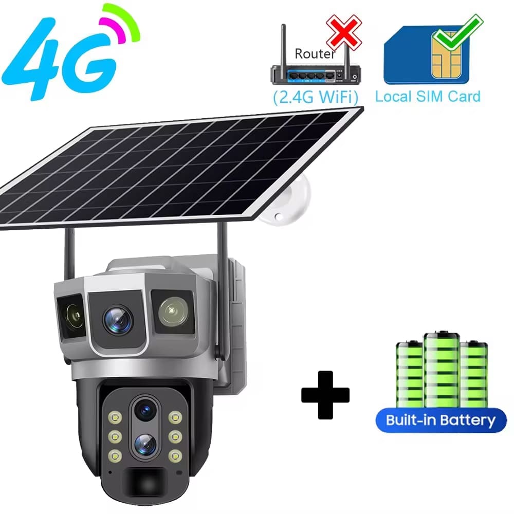 Caméra solaire 12MP 3 objectifs 4G Carte SIM Réseau Zoom 10X Protection de sécurité pour maison intelligente Vision nocturne 6K Caméras de surveillance vidéo IP CCTV