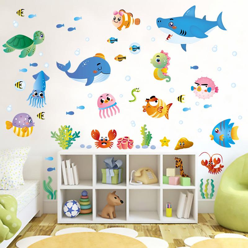 

Мультяшные наклейки на стену с морскими животными, украшение детской комнаты в детском саду, самоклеящиеся наклейки подводный мир 45*60cm