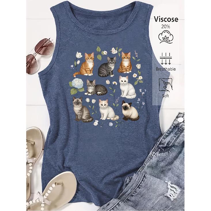 Elegant Vest for Women Multi-pattern cat and floral print casual loose summer tank top Fashionable and soothing cute pet-themed tops for commuting,