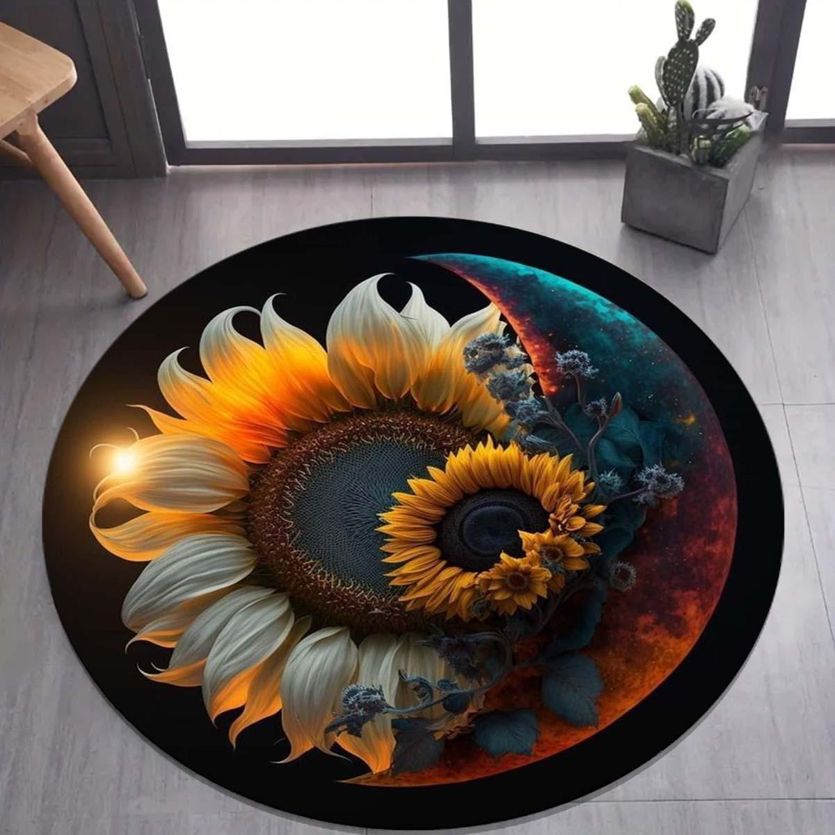 

1pc Sunflower and Moon Round Rug - Yellow Sunflower, Blue Moon and Starry Night Sky Design - Perfect for Living Room or Bedroom 100x100cm
