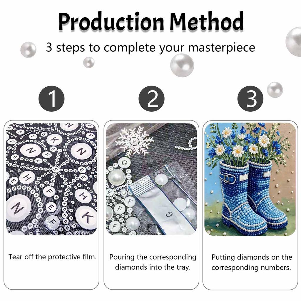 Framed Pearl Art DIY Kit with Blue Rain Boots Flower Pattern 3D Sparkling Bead Canvas Painting Handmade Gift for Wall Home Decoration