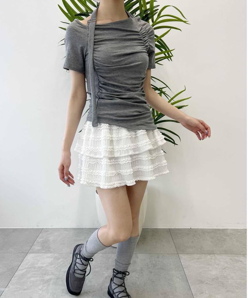 WEGO PHILLY Belt Design Short Sleeve Summer Gray Off-the-Shoulder T-Shirt, Top, Clothes, Women's,