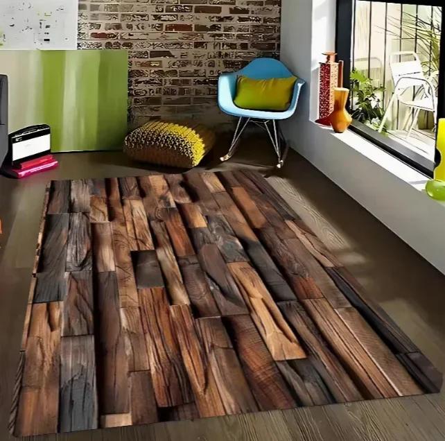 Tappetino Area Stampato Effetto Legno Morbido Soggiorno Camera da Letto Cucina Blu e Marrone Retrò Tappetino per Pavimento Camera da Letto Tappetino Effetto Legno Retrò Retrò