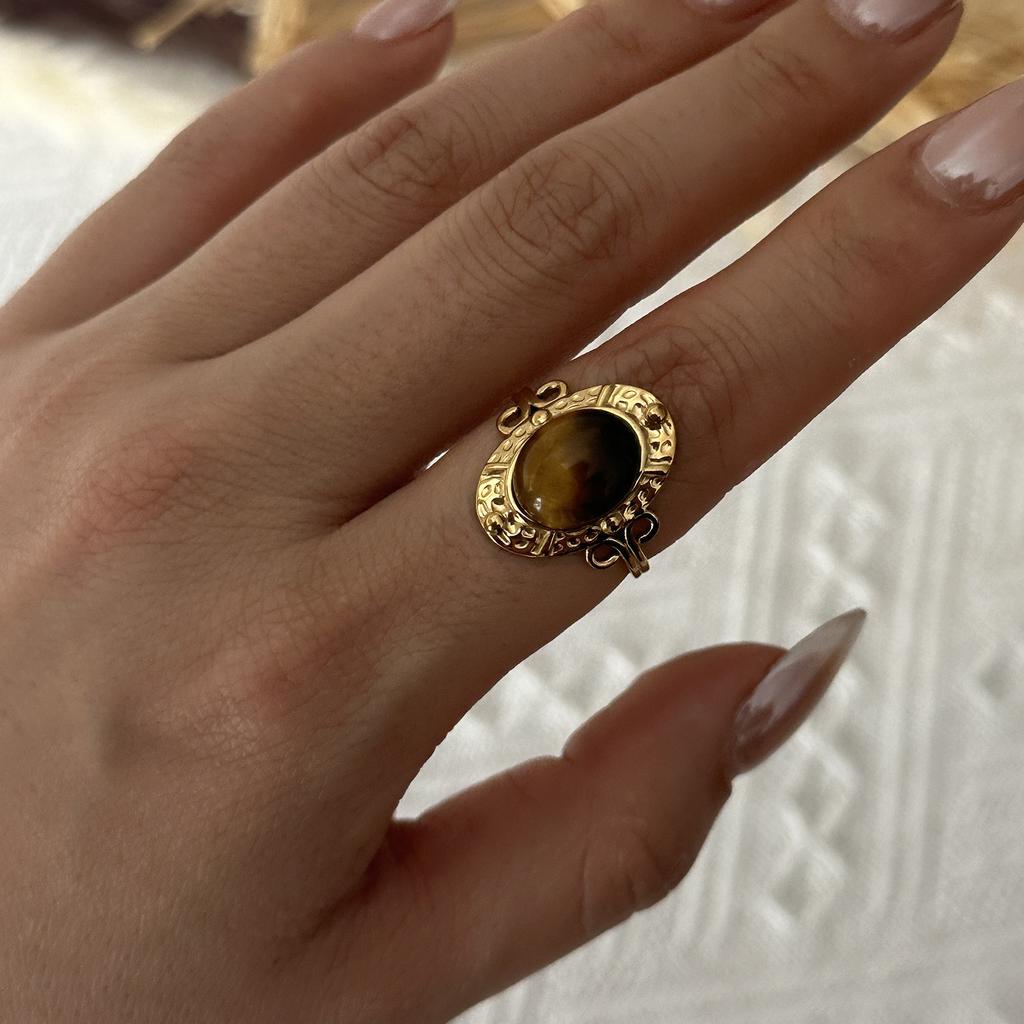 Vintage Natural Stone Stainless Steel Rings for Women Men Trendy Gold Plated Hollow Geometric Ring Finger Accessories Jewelry
