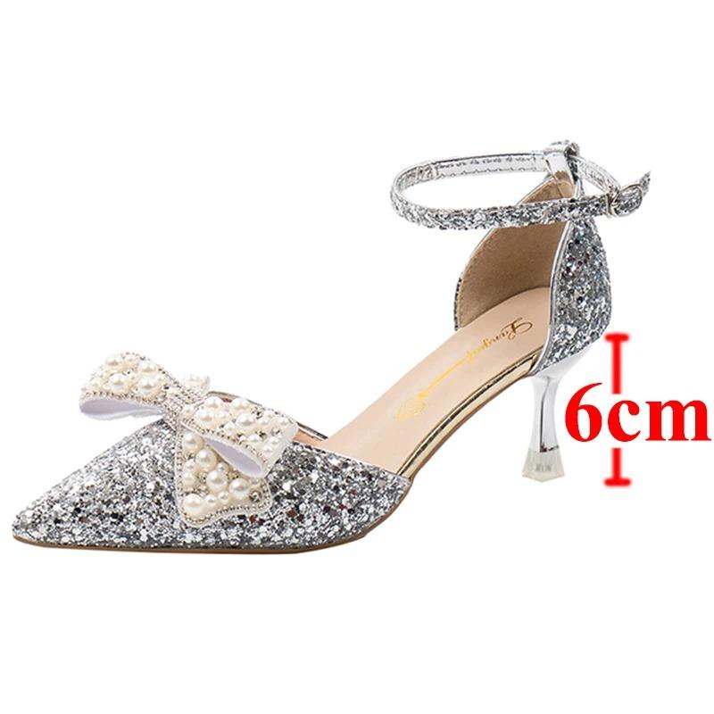 Fashion 2024 New Pearl Bowtie Thin Heels Wedding Shoes Women Bing Shiny Ankle Strap Pumps Woman Sexy Pointed Toe Sequins High Heel Shoes