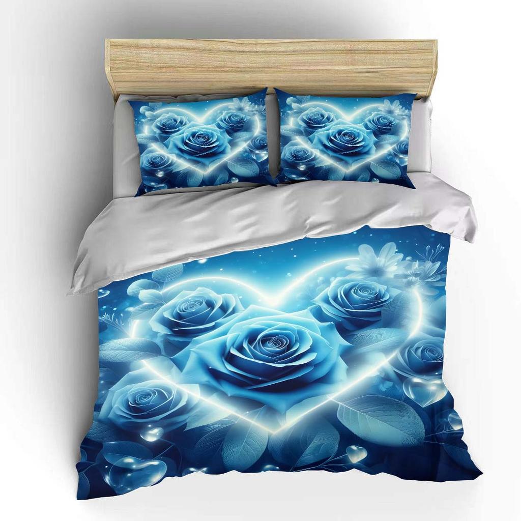 3pcs Blue Roses with Heart Halo Print Bedding Set 1 Duvet Cover 2 Pillowcases for Adult and Children Luxury Gift Full Size