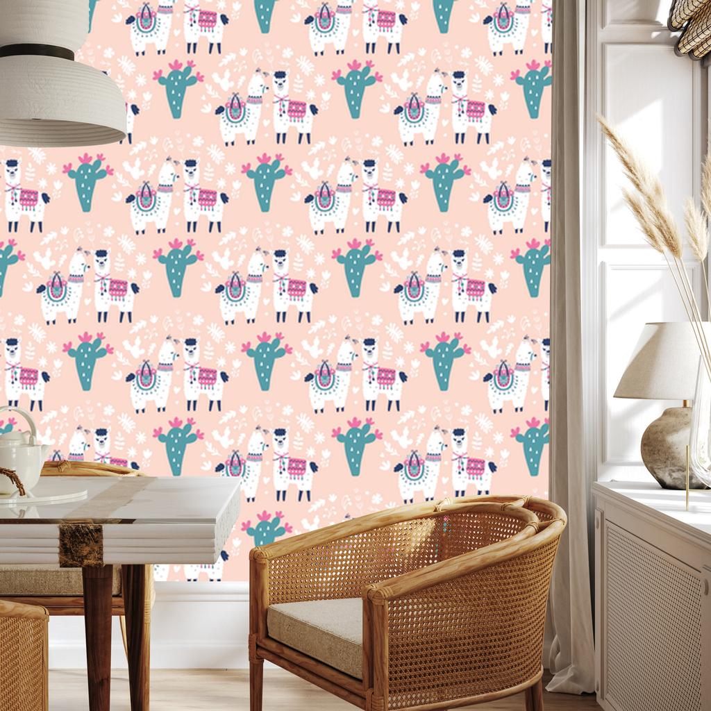 Wallpaper Cheerful Llamas, Cacti and Flowers for Living Room and Bedroom 50x1000