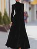 Vestido Largo de Terciopelo Dorado con Cuello Alto, Mangas Abullonadas y Cintura Ajustada para Mujer – Elegante Falda Amplia de Otoño/Invierno.