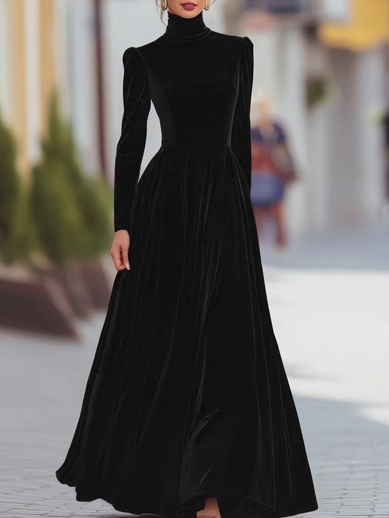 Vestido Largo de Terciopelo Dorado con Cuello Alto, Mangas Abullonadas y Cintura Ajustada para Mujer – Elegante Falda Amplia de Otoño/Invierno.
