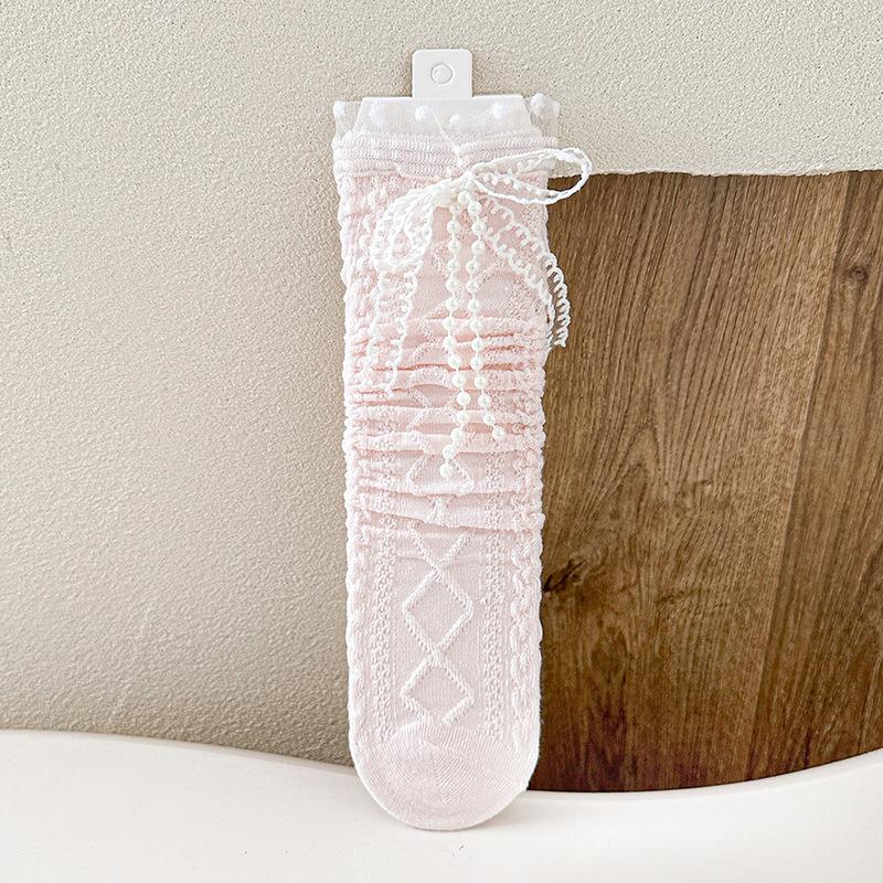 Children Spring Summer Mid-calf Socks Girls Lolita Thin Lace Calf Socks JK Pink Bowknot Sweet Loose Socks Stockings for 3-8Y