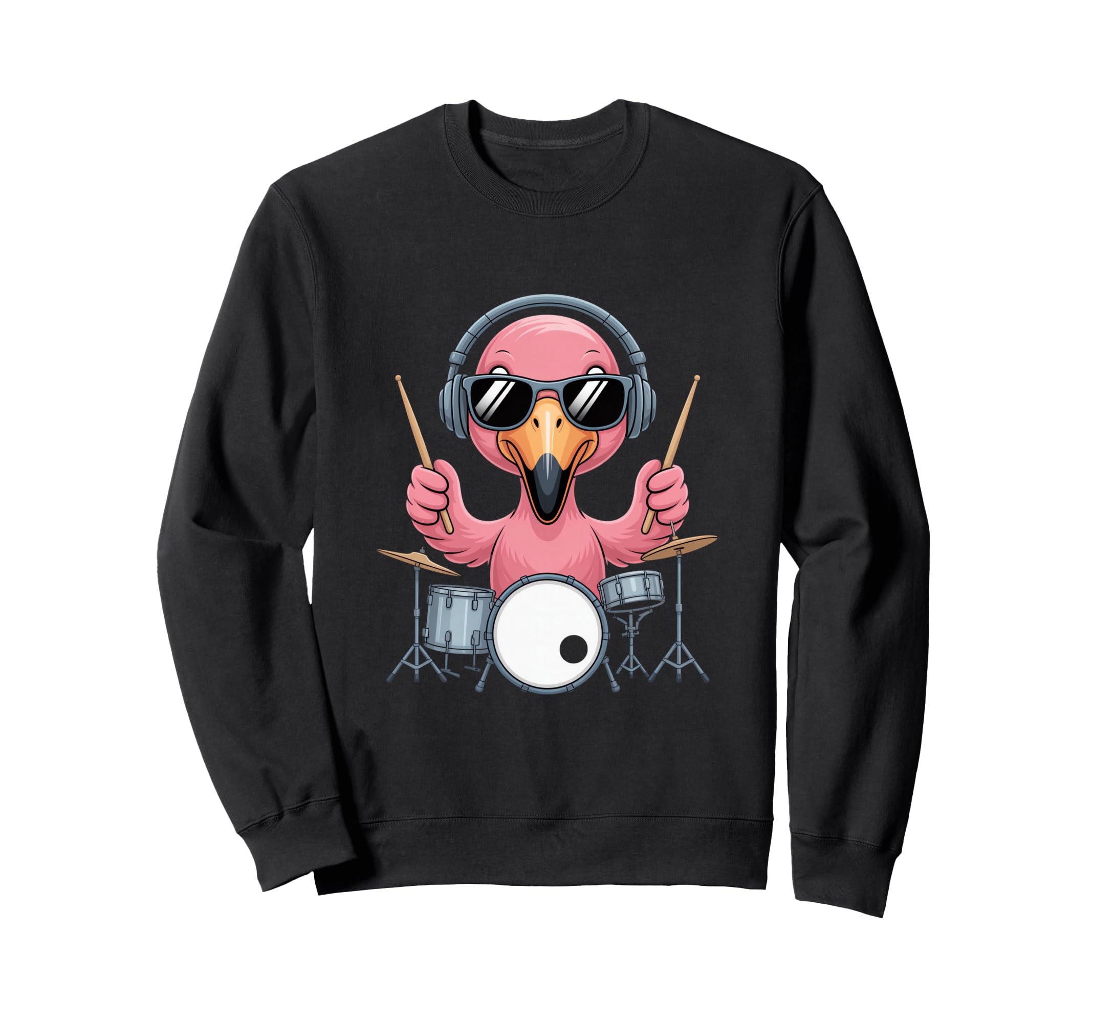 

Drum kit, flamingo, sunglasses, headphones, rock, jazz, rhythm, beat, cool, sweatshirt