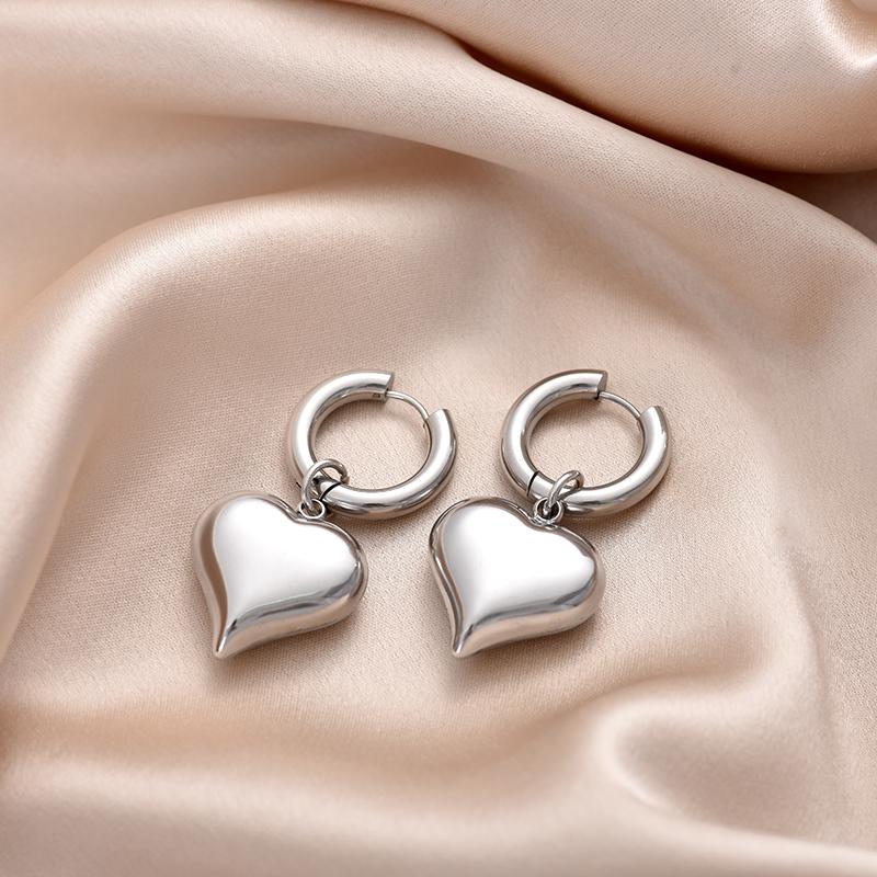 Classic Stainless Steel Heart Pendant Round Hoop Earrings For Women Gold Silver Color Big Statement Female Jewelry Earrings Gift