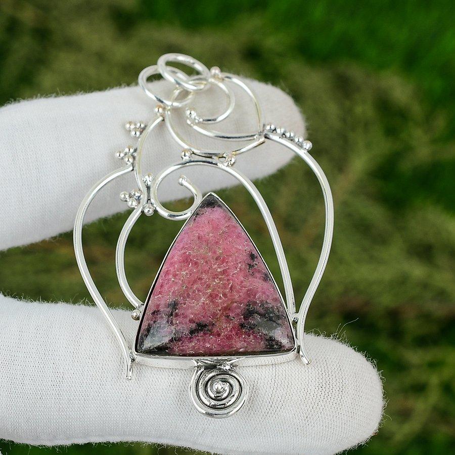 Mothers day Sale Trillion Rhodonite Gemstone Sterling Silver Birthday Pendant