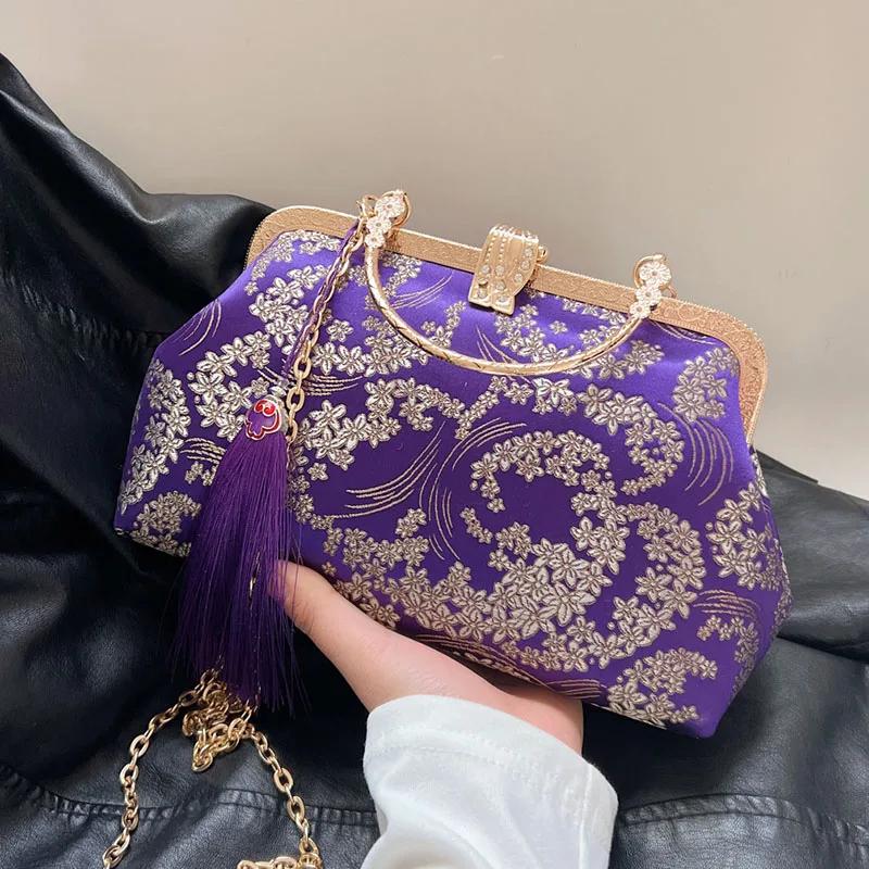 Luxury Evening  For Women  Designer  Lock  Shell Clip  Handmade  Tassel  Fabric Bags  Shoulder Chain Bags  Orange Messenger Bags