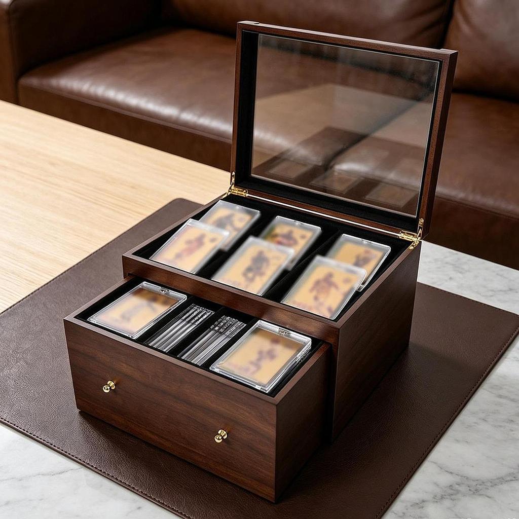 And Practical Wooden Storage Box for Collectible Cards, with Drawer, Case Sports Cards.