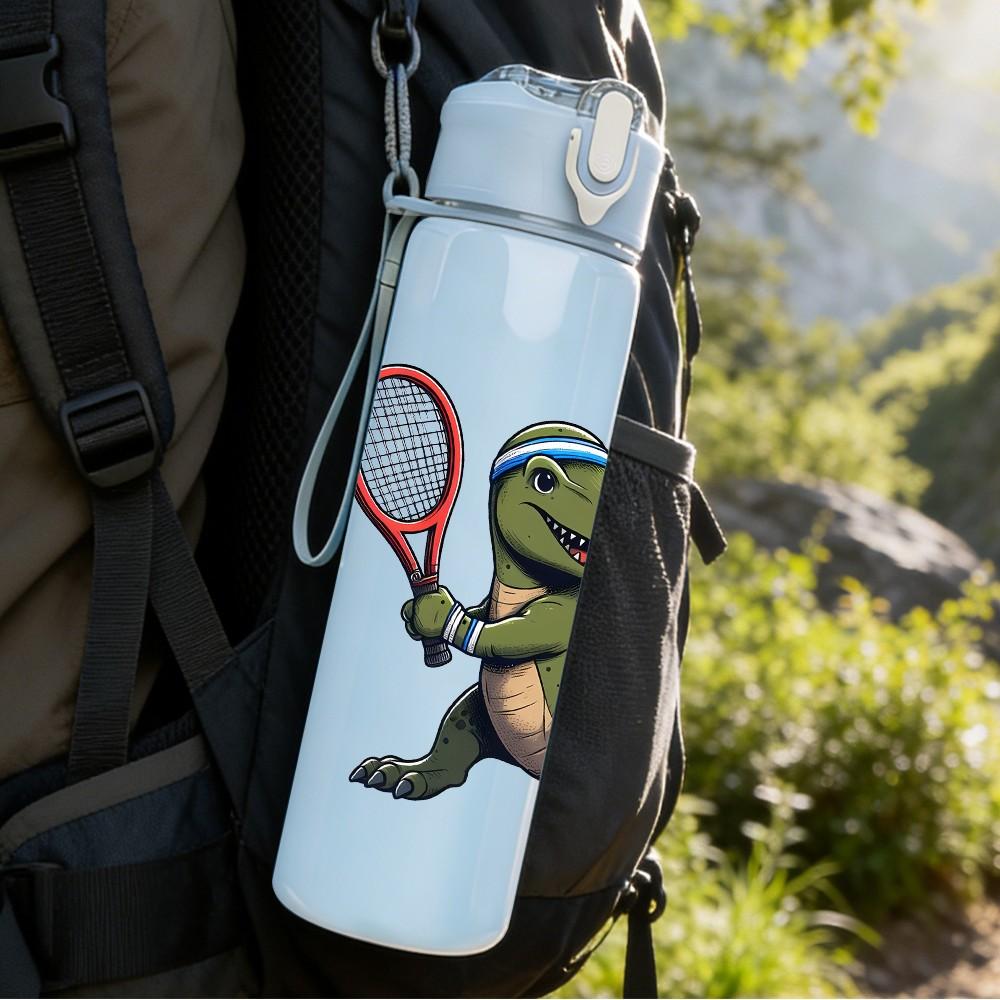 1PC Dinosaur Playing Tennis Funny Print 750ml Color Plastic Sports Water Bottle Leakproof Flip Straw Lid Suitable for Sports Office Home Use